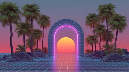 Vaporwave Dreamscape with Wireframe Palm Trees and Neon Arch at Sunset