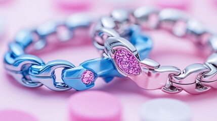 Close-up of two intertwined rings, blue and pink, with pink gemstones