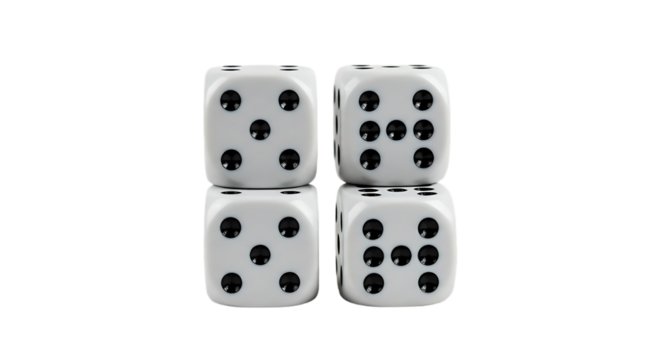 Four White Dice Showing Different Numbers