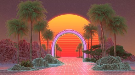 Vaporwave Dreamscape with Wireframe Palm Trees and Neon Arch at Sunset