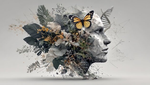 Abstract face with floral and butterfly details - Powered by Adobe