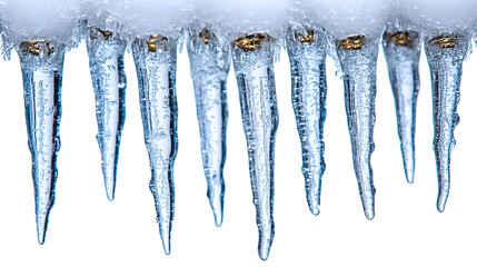 Multiple icicles hanging from a surface.