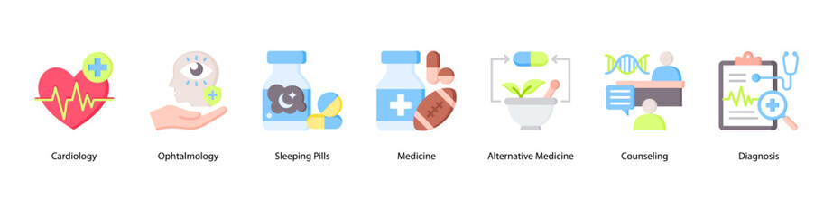 Health Insight web banner icon vector illustration featuring Cardiology, Ophtalmology, Sleeping Pills, Medicine, Alternative Medicine, Counseling, and Diagnosis.