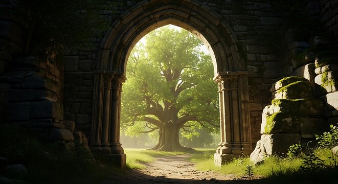 Ncient stone archway framing a large tree, creating a portal to nature