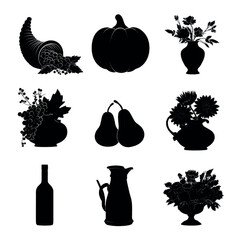 vector illustration of cornucopia silhouette set, Black & White silhouette set 