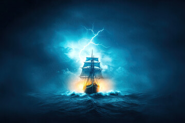 Pirate ship battles fierce storm, surrounded by massive waves and illuminated by lightning. scene evokes sense of adventure and danger