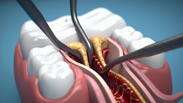 Detailed 3D Render of Dental Surgical Procedure on Tooth and Gum Tissue with Metallic Instruments Against a Light Blue Background Showcasing Precision Dentistry for Oral Health Presentation and