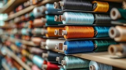 Colorful spools of thread on wooden shelves (1)