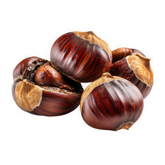 Obraz premium A pile of ripe brown chestnuts with split shells isolated on transparent background