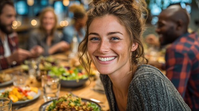 Smiling People Enjoying Colorful Meals in Modern Restaurant or Home Kitchen Joyful Dining Multicultural Group Lifestyle

 - Powered by Adobe