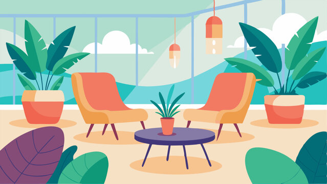 A relaxation area with comfortable chairs and plants for participants to unwind in.