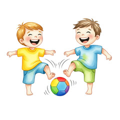Playful Action of Two Boys Kicking a Colorful Soccer Ball in a Watercolor Storybook for Educational Books