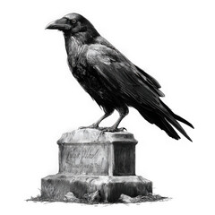 Fototapeta premium A detailed black and white image of a raven perched on a stone pedestal isolated on transparent background