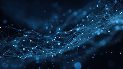 Abstract network of interconnected points and lines in dark blue and light blue, with subtle bokeh effects