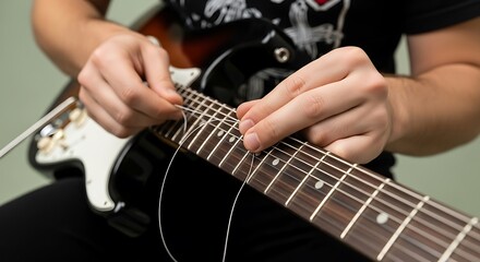 Fototapeta premium Musician's craft in action, a guitarist meticulously changes the strings on an electric guitar fretboard for optimal sound and playability.