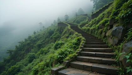 Stone stairway ascends a lush green hillside veiled in mist, creating a serene, ethereal scene.