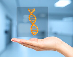 A hand holds a virtual DNA helix, representing advanced genetic research and the future of scientific innovation.