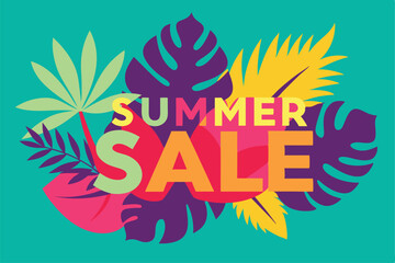 Obraz premium summer sale banner with tropical leaves and brigh.eps