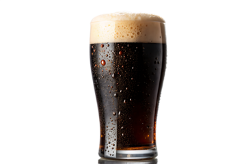 tall glass of dark beer with creamy foam and conde isolation on background white