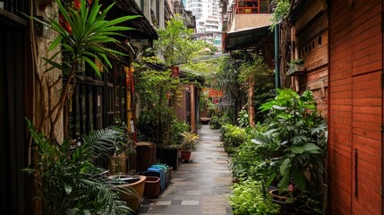 Naklejka premium Lush alleyway in a dense urban neighborhood, plants line the path