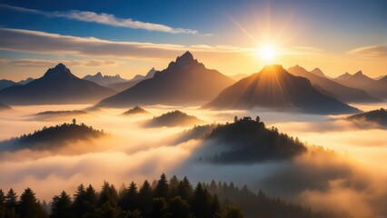 Obraz premium Mountain peaks in misty dawn atmosphere with sun rays peeking through