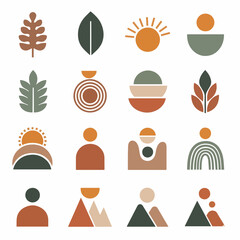 "Boho Nature and Camping Icon Set - Flat Vector Outdoor Elements for Travel and Adventure"