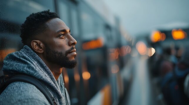 A solitary commuter stands pensive amidst the urban transit chaos
