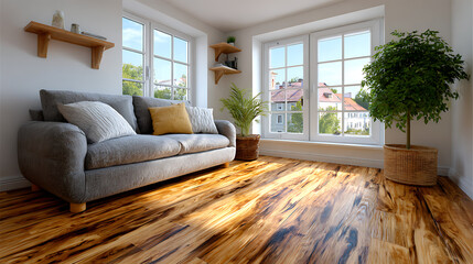 Cozy living room corner with a comfortable grey sofa large windows and warm sunlight streaming onto a polished wooden floor