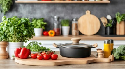 Fresh Ingredients on Wooden Cutting Board with Pot and Vegetables