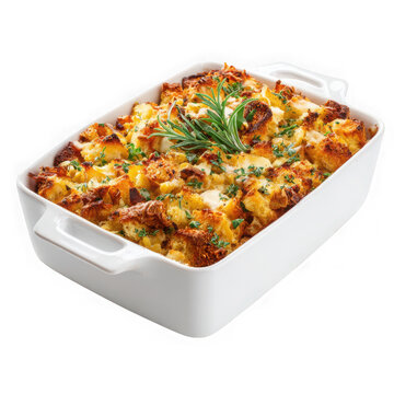 Deliciously baked casserole dish filled with cheesy pasta and topped with fresh herbs isolated on transparent background