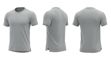 Blank Grey T-Shirt Mockup in Front, Side, and Back Views for Clothing Design