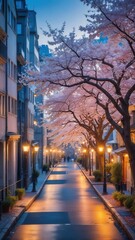 Fototapeta premium Neon-lit Tokyo city streets at dusk with cherry blossoms in a tranquil urban oasis