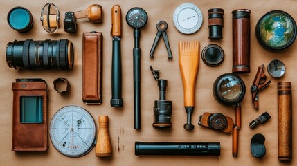 Flat lay of assorted vintage photography and surveying equipment on kraft paper