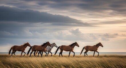  Wild Horses Standing Proudly on the Open Steppe Under a Vast Sky, Showcasing the Untamed Beauty of Nature, Freedom of Movement, and the Serenity of Natural Landscapes in Rural Wilderness