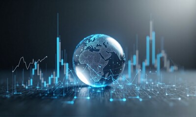 A crystalline globe rests on a digital surface, surrounded by dynamic, glowing graphs illustrating global market trends and interconnectedness.  The scene evokes concepts of worldwide finance, technol