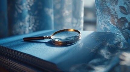 A close-up scene of a magnifying glass placed over documents, suitable for promotional posters of legal institutions, elements of documentary literature covers, etc.