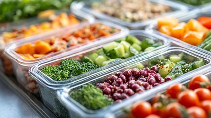 Obraz premium Freshly prepared vegetable and grain containers in rows