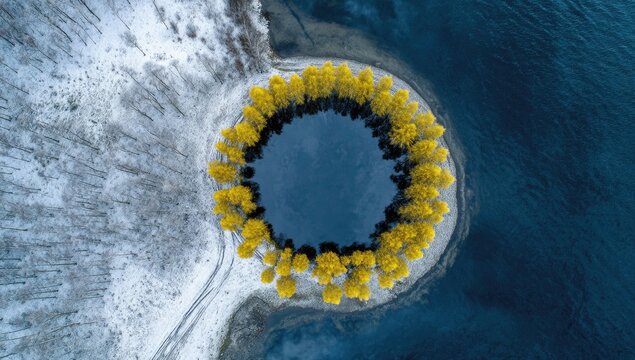 Circular lake, yellow trees, snowy shore