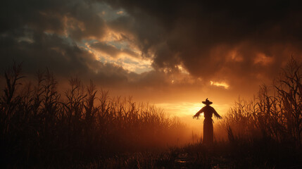 A realistic, creepy scarecrow stands in the middle of a dry cornfield at sunset. Its silhouette is imposing against the orange sky, creating a sense of unease.