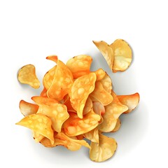A pile of crispy golden potato chips scattered 