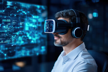 Immersive virtual reality experience with man wearing headset, engaging with futuristic technology and digital interfaces