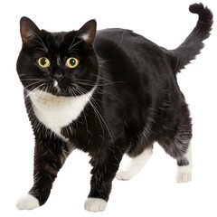 A playful black and white cat standing isolated on transparent background 