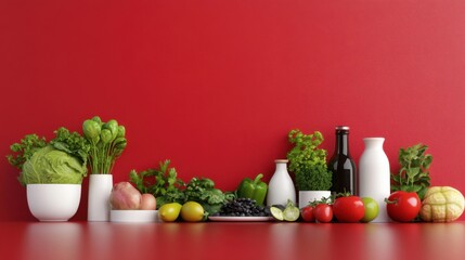 Fresh Vegetables and Fruits Displayed on Table Against Red Wall