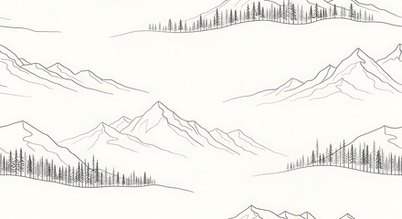 Minimalist seamless pattern of handdrawn mountain ranges and pine forests in black line art.