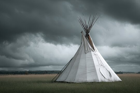A traditional teepee in a grassy field under a dramatic sky - Powered by Adobe