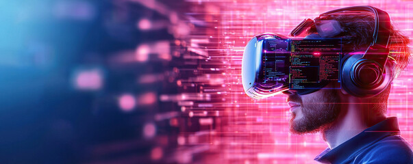 Immersive virtual reality experience with user wearing headset and headphones, surrounded by vibrant digital graphics and data streams