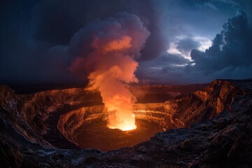 Fototapeta premium Volcanic crater erupting at night