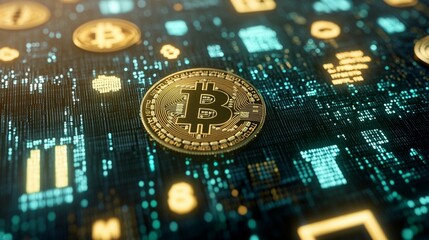 Golden Bitcoin on a digital circuit board