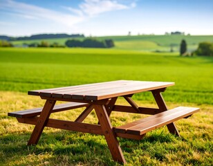 Idyllic picnic scene: Wooden table in a field with a beautiful landscape