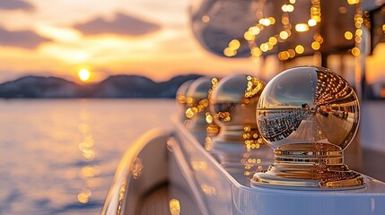 Golden orbs reflect sunset on a luxury yacht